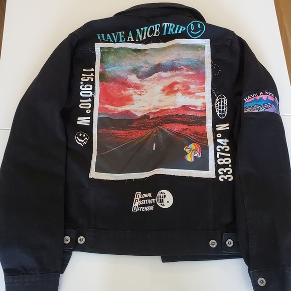 Brooklyn Cloth Have a Nice Trip Patch Black Denim Jacket Joshua Tree Mens Medium - Picture 1 of 11